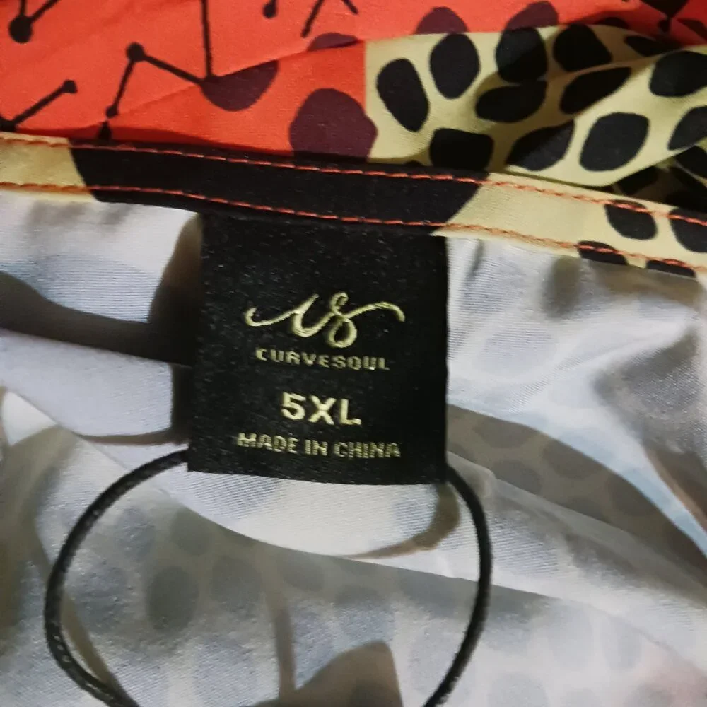 Curvesoul Orange Black Yellow Geometric V Neck Elastic Waist Dress Size 5X NWT - Picture 11 of 14